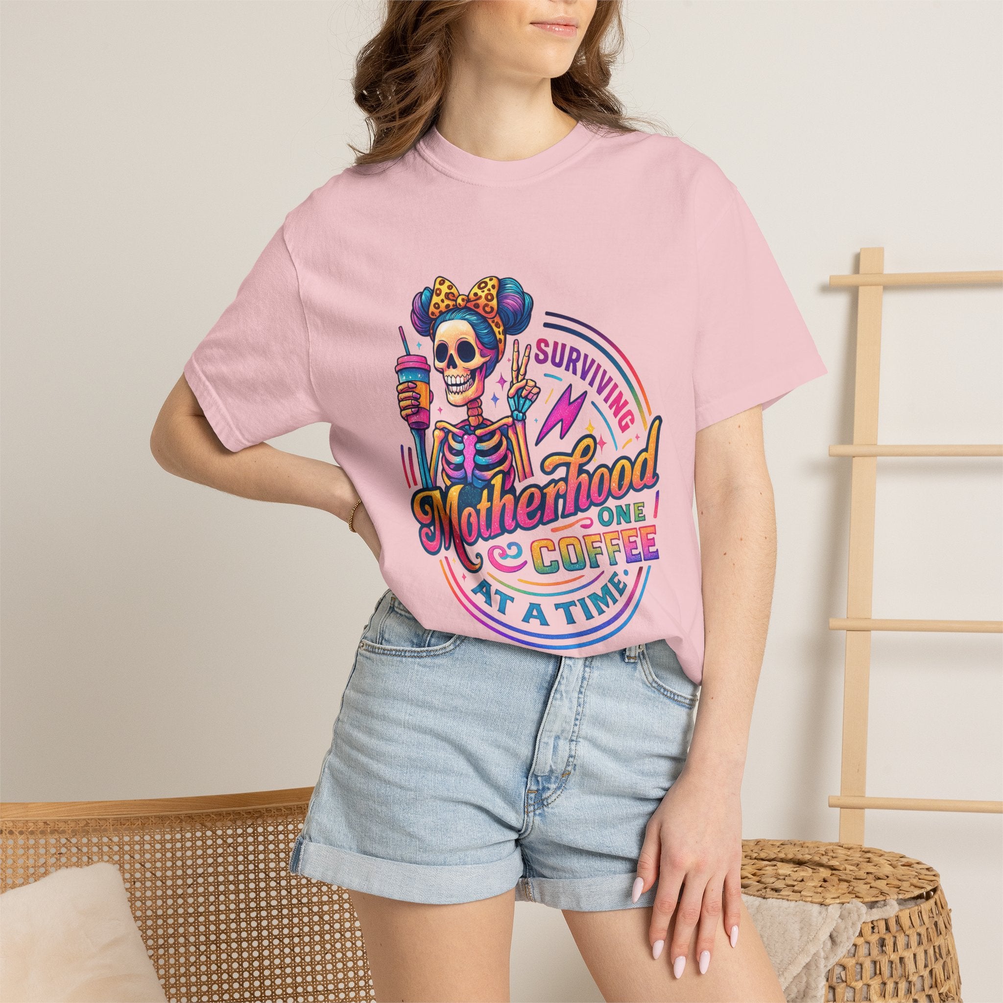 Motherhood One Coffee at a Time T-Shirt — Funny Skeleton Mom Coffee Tee
