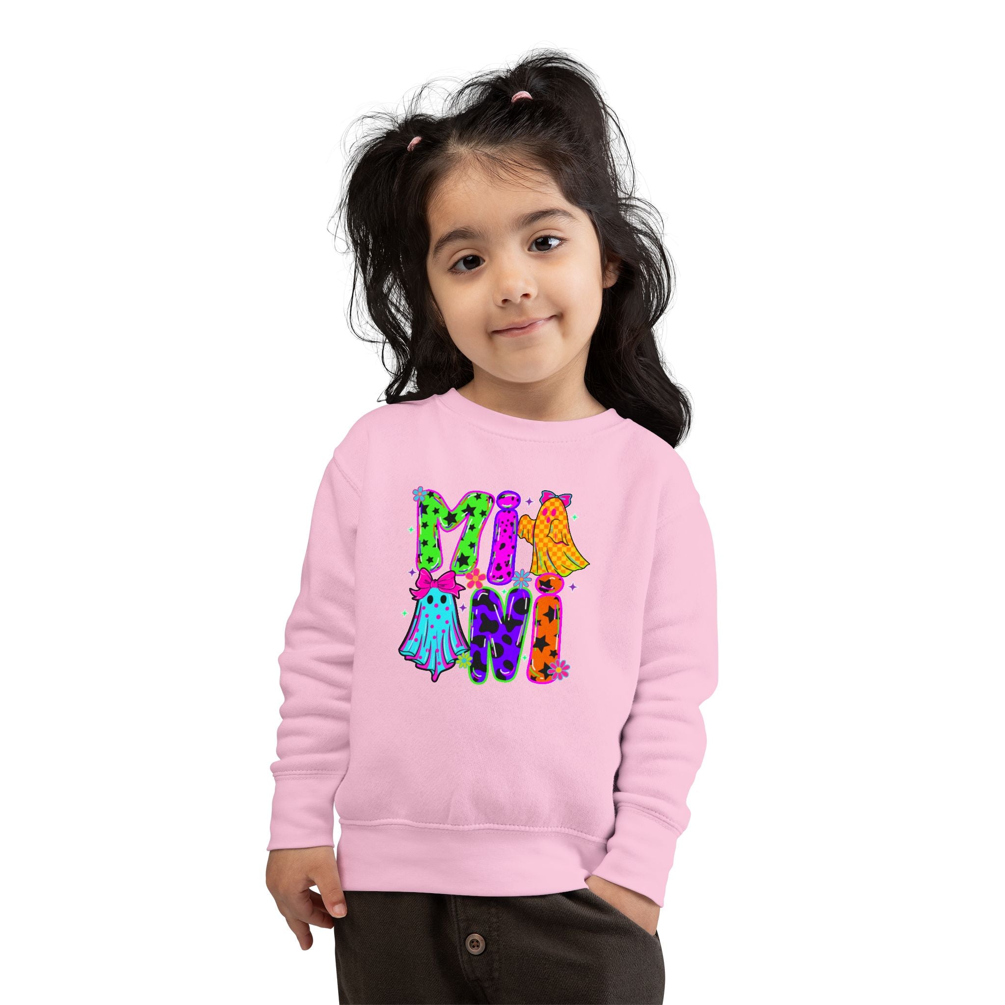 Toddler Sweatshirt — "Mini Monster" Colorful Halloween Ghosts Graphic