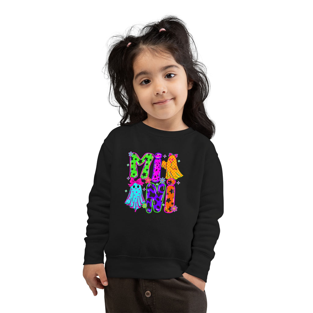 Toddler Sweatshirt — "Mini Monster" Colorful Halloween Ghosts Graphic