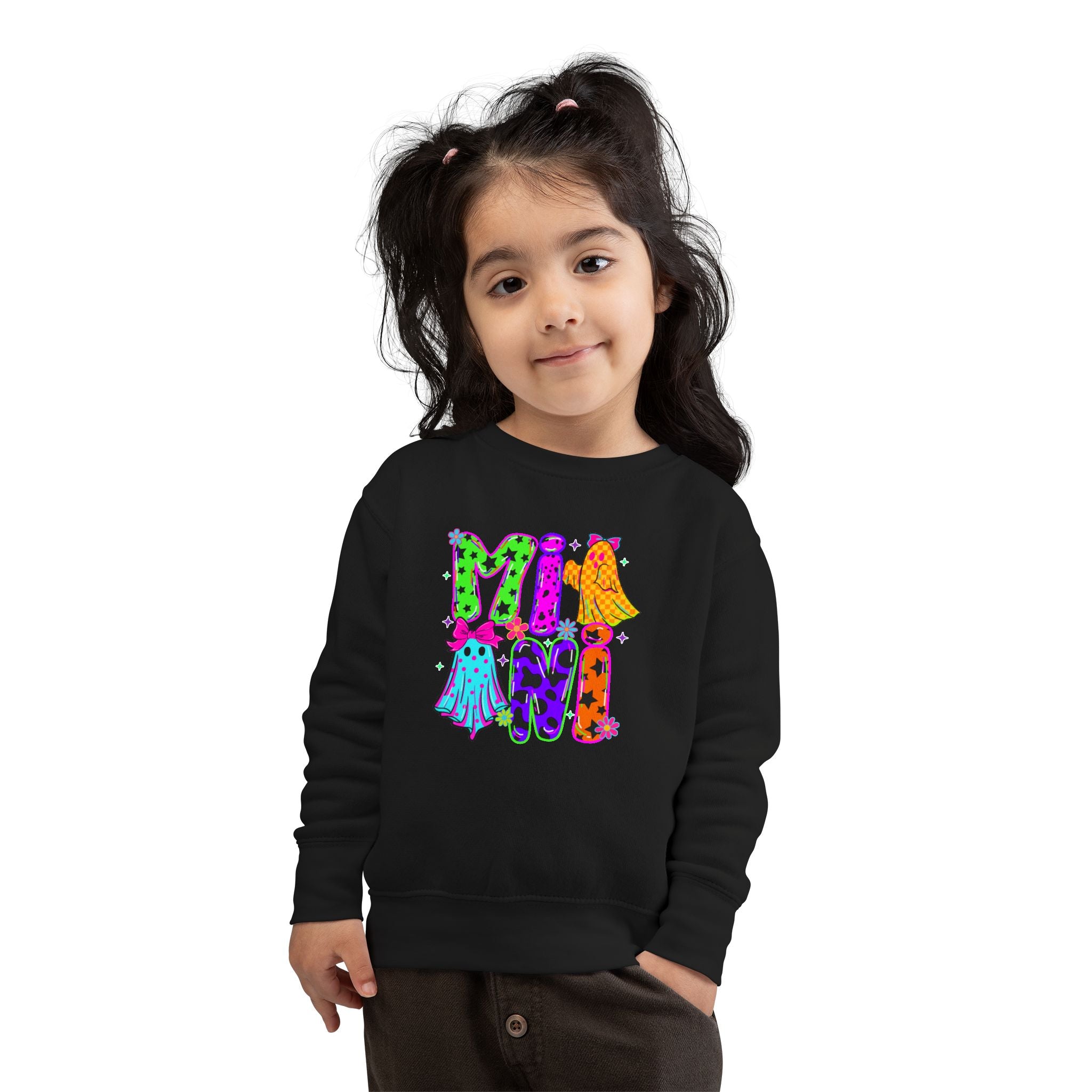 Toddler Sweatshirt — "Mini Monster" Colorful Halloween Ghosts Graphic