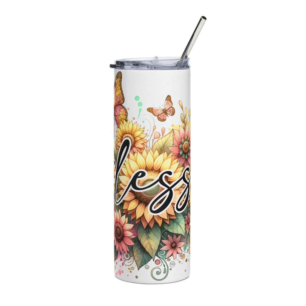 Blessed Floral Stainless Steel Tumbler – 20oz Sunflower & Butterfly Travel Cup