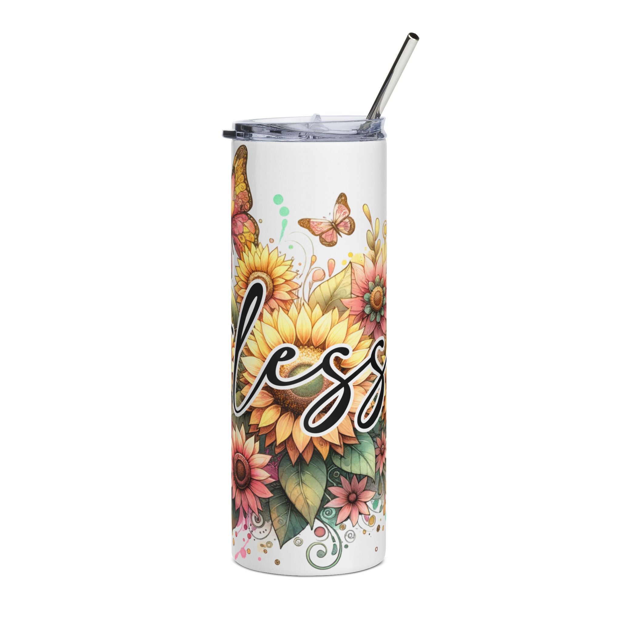Blessed Floral Stainless Steel Tumbler – 20oz Sunflower & Butterfly Travel Cup