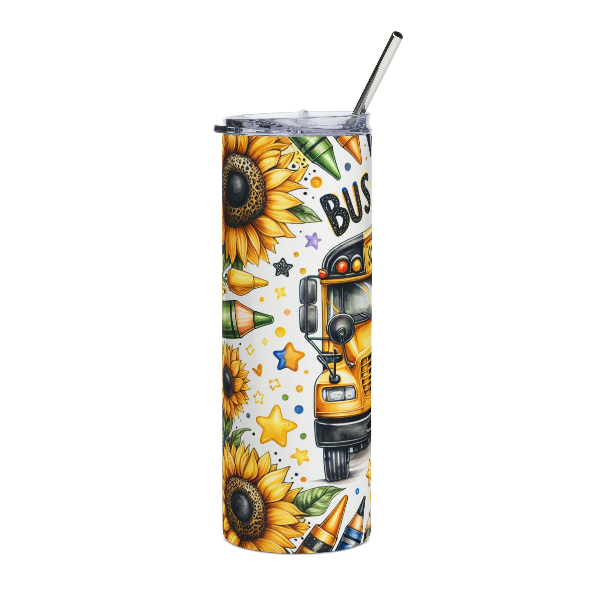 Bus Driver 20oz Stainless Steel Tumbler — Sunflower & School Bus Design